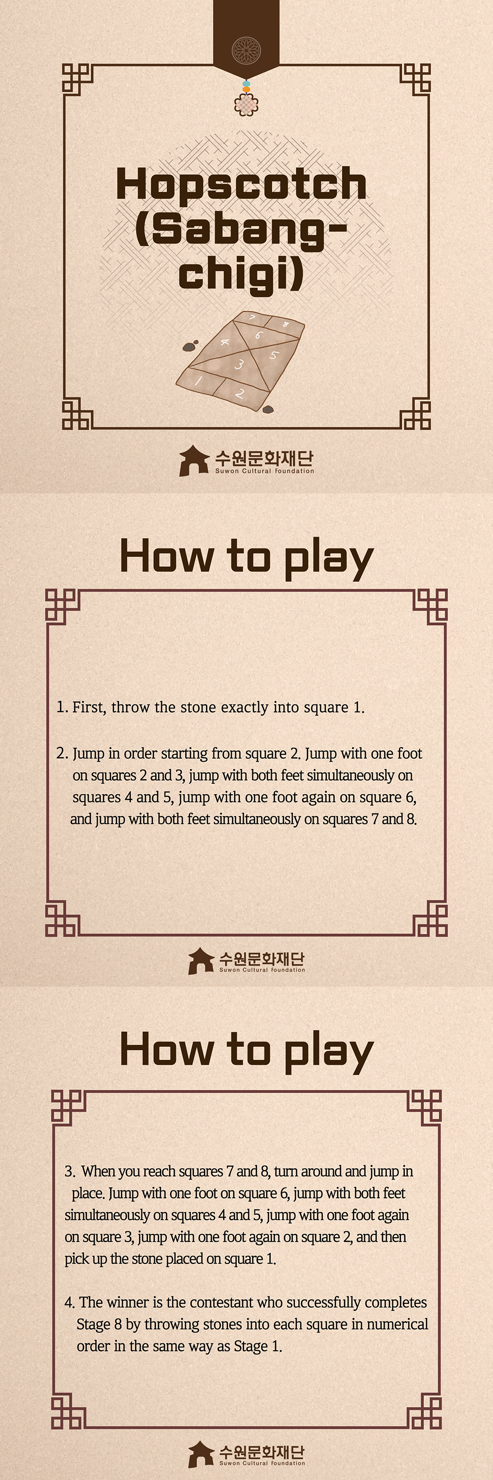 Hopscotch(Sabang-chigi) -How to play- 1. First, throw the stone exactly into square 1. 2. Jump in order starting from square 2. Jump with one foot on squares 2 and 3, jump with both feet simultaneously on squares 4 and 5, jump with one foot again on square 6, and jump with both feet simultaneously on squares 7 and 8. 3. When you reach squares 7 and 8, turn around and jump in place. Jump with one foot on square 6, jump with both feet simultaneously on squares 4 and 5, jump with one foot again on square 3, jump with one foot again on square 2, and then pick up the stone placed on square 1. 4. The winner is the contestant who successfully completes Stage 8 by throwing stones into each square in numerical order in the same way as Stage 1.