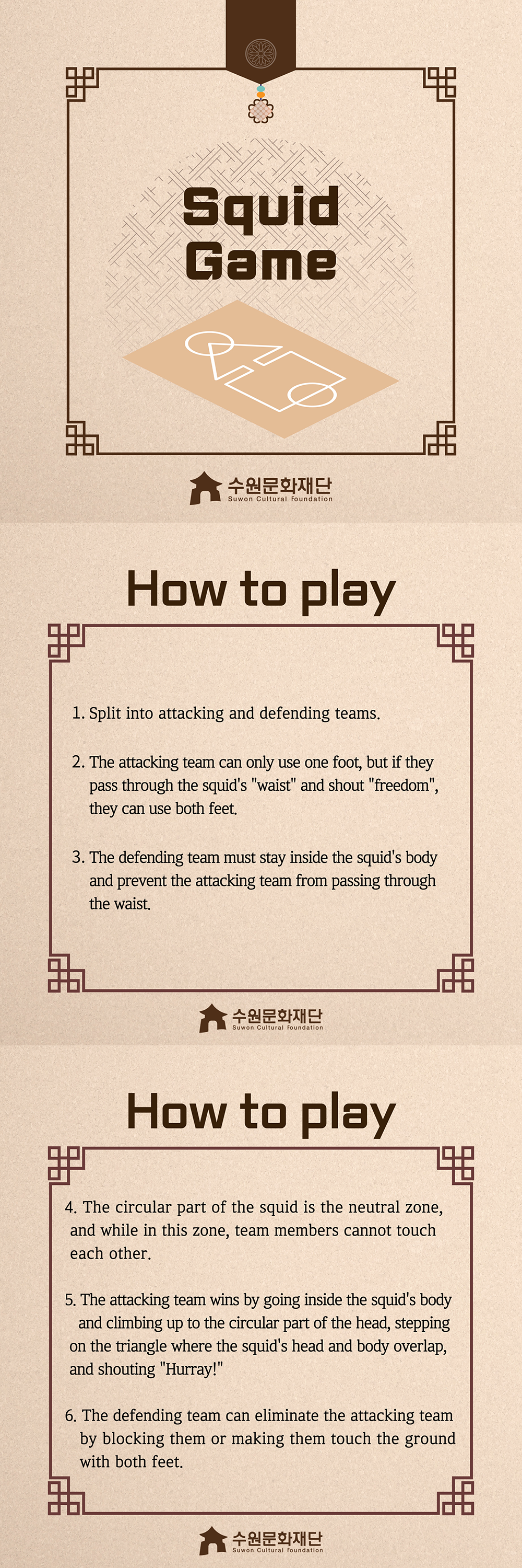 Squid-Game -How to play- 1.Split into attacking and defending teams. 2.The attacking team can only use one foot, but if they pass through the squid's 'waist' and shout 'freedom', they can use both feet. 3.The defending team must stay inside the squid's body and prevent the attacking team from passing through the waist. 4.The circular part of the squid is the neutral zone, and while in this zone, team member cannot touch each other. 5.The attacking team wins by going inside the squid's body and climbing up to the circular part of the head, stepping on the triangle where the squid's head and body overlap, and shouting 'hurray!' 6.The defending team can eliminate the attacking team by blocking them or making them touch the ground with both feet.