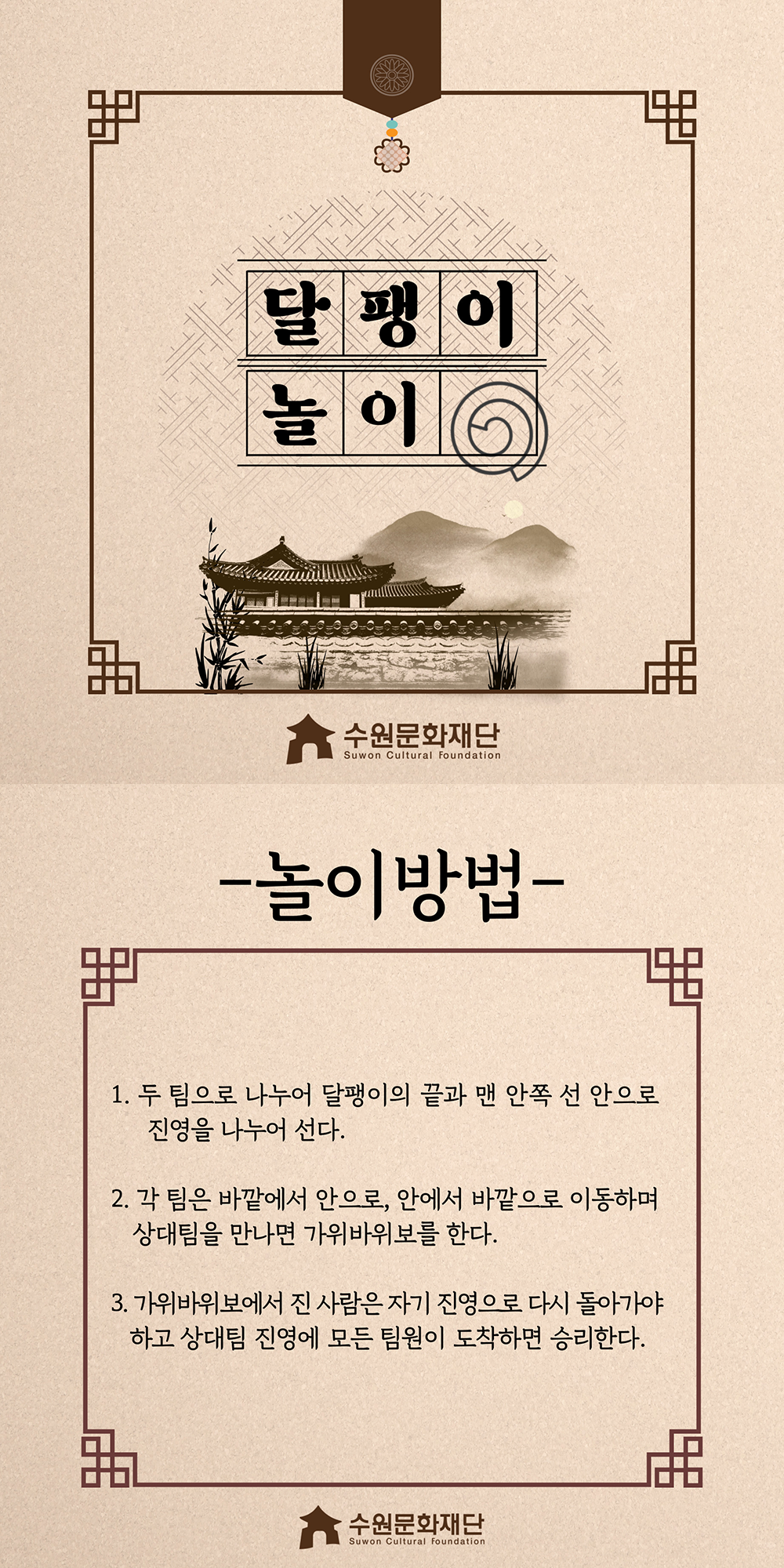 달팽이놀이 -놀이방법- 1.두 팀이 나누어 달팽이의 끝과 맨 안쪽 선 안으로 진영을 나누어 선다. 2.각 팀은 바깥에서 안으로, 안에서 바깥으로 이동하며 상대팀을 만나면 가위바위보를 한다. 3.가위바위보에서 진 사람은 자기 진영으로 다시 돌아가야 하고 상대팀 진영에 모든 팀원이 도착하면 승리한다.