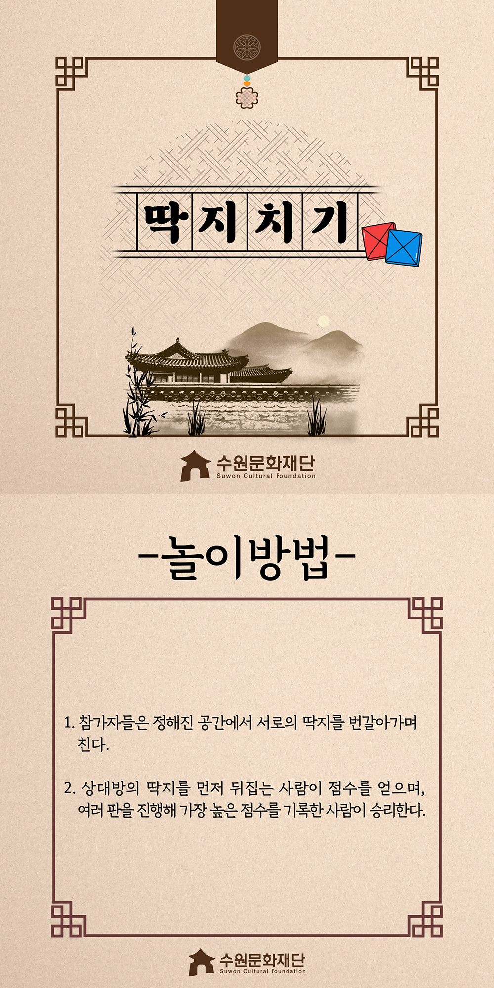 딱지치기 -놀이방법- 1.참가자들은 정해진 공간에서 서로의 딱지를 번갈아가며 친다. 2.상대방의 딱지를 먼저 뒤집는 사람이 점수를 얻으며, 여러 판을 진행해 가장 높은 점수를 기록한 사람이 승리한다.