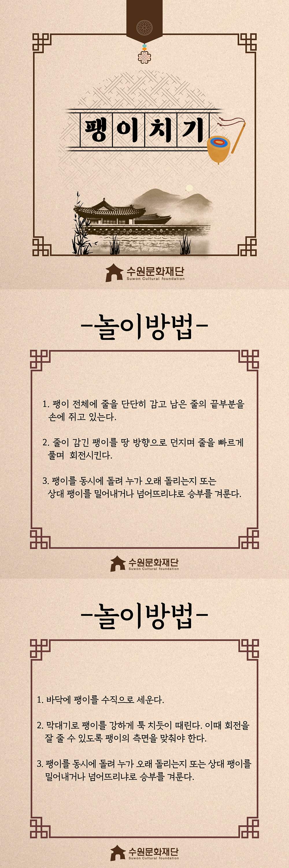 팽이치기 -놀이방법- 1.팽이 전체에 줄을 단단히 감고 남은 줄의 끝 부분을 손에 쥐고 있는다. 2.줄이 감긴 팽이를 땅 방향으로 던지며 줄을 빠르게 풀며 회전시킨다. 3.팽이를 동시에 돌려 누가 오래 돌리는지 또는 상대 팽이를 밀어내거나 넘어뜨리냐로 승부를 겨룬다./ 1.바닥에 팽이를 수직으로 세운다. 2.막대기로 팽이를 강하게 툭 치듯이 때린다. 이때 회전을 잘 줄 수 있도록 팽이의 측면을 맞춰야 한다. 3.팽이를 동시에 돌려 누가 오래 돌리는지 또는 상대 팽이를 밀어내거나 넘어뜨리냐로 승부를 겨룬다.